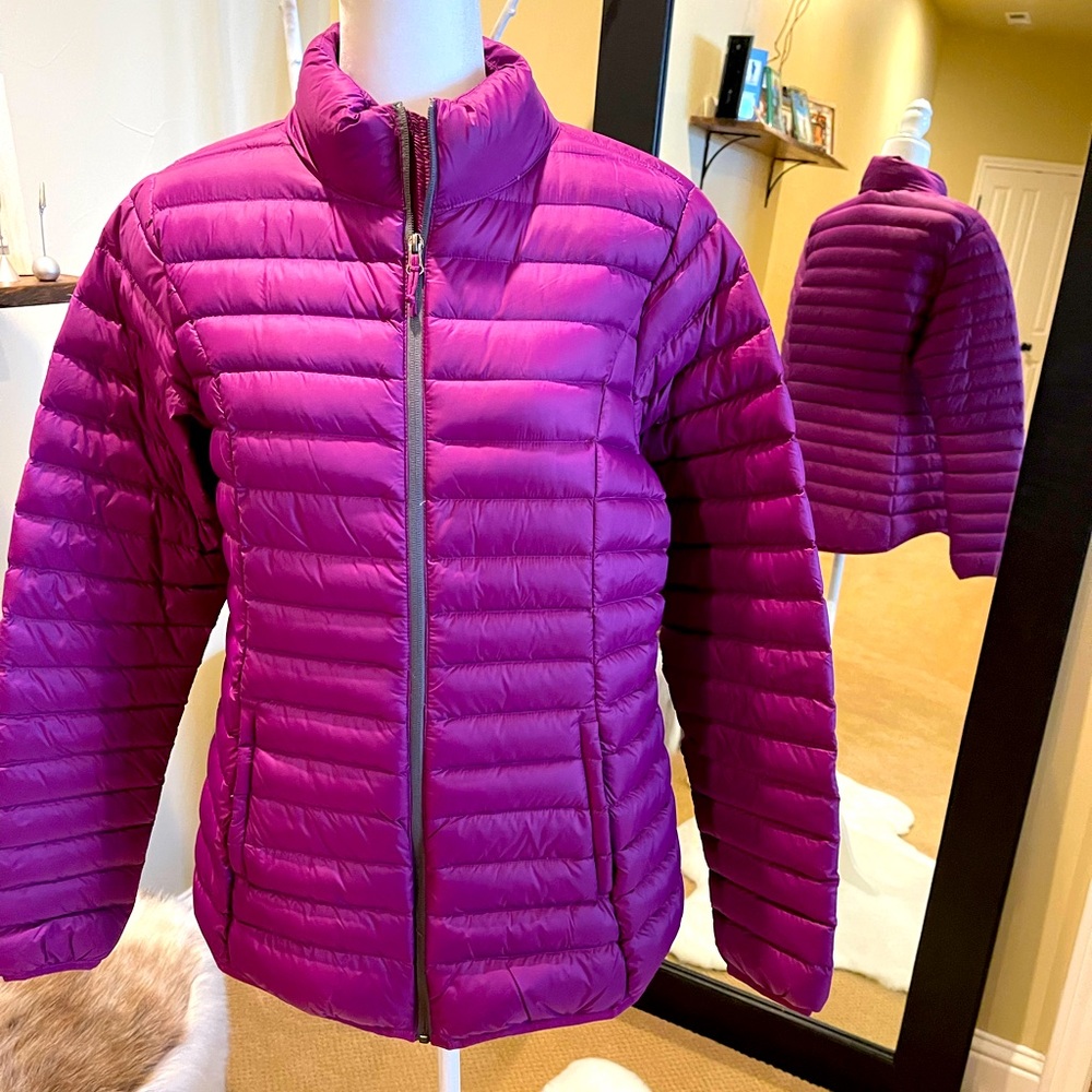 Raspberry puffer jacket by Natural Reflections.